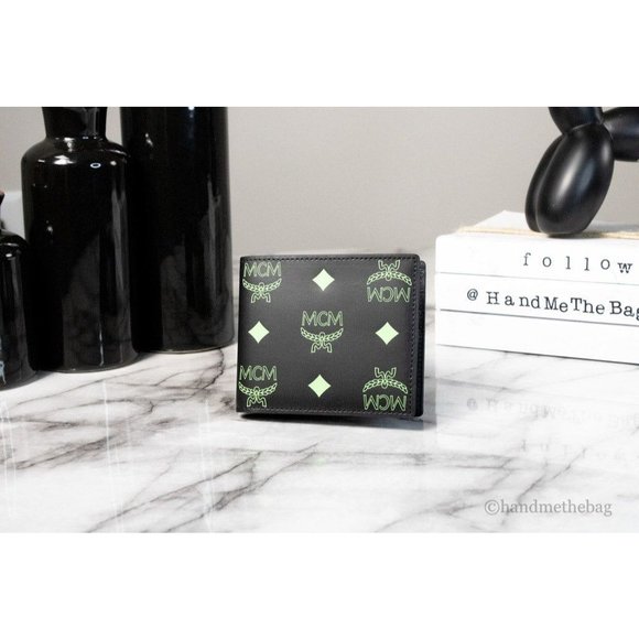 NEW MCM Small Black Green Smooth Visetos Monogram Logo Leather Bifold Wallet - Picture 2 of 8